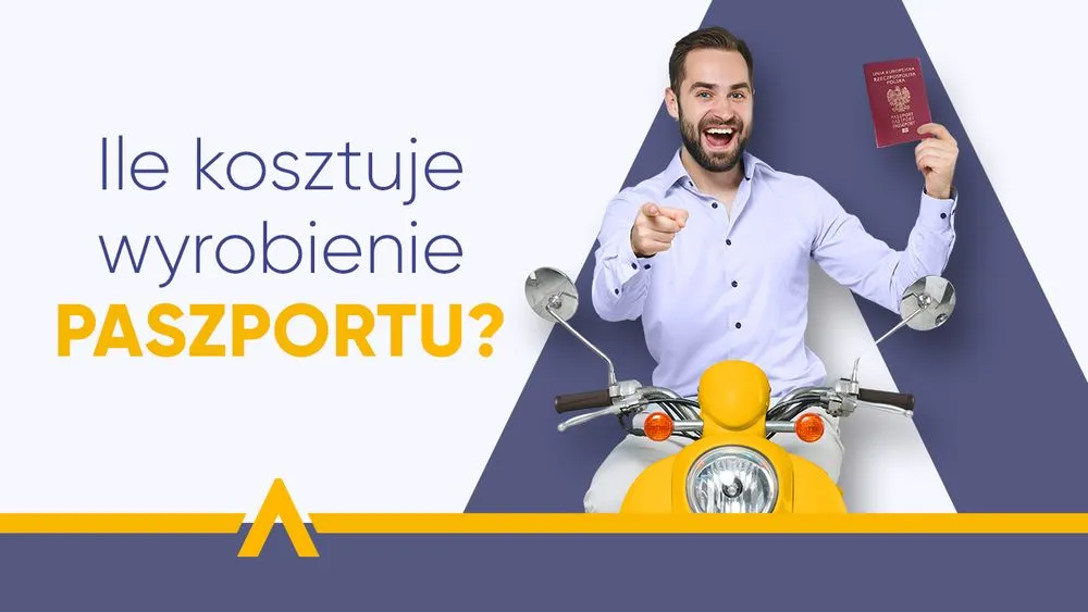 Mężczyzna trzymający paszport w lewej ręce i siedzący na żółtym skuterze, wskazujący na napis "Ile kosztuje wyrobienie paszportu?"