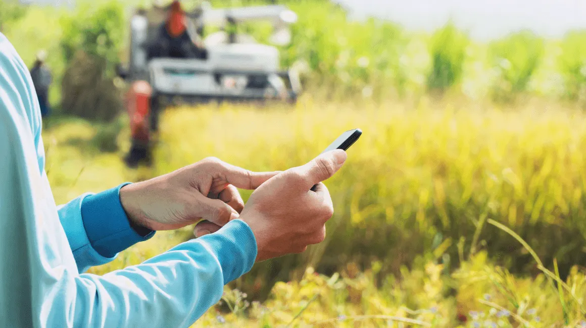 Rolnik w polu korzystający ze smartfona, w tle maszyna rolnicza i dojrzałe zboże